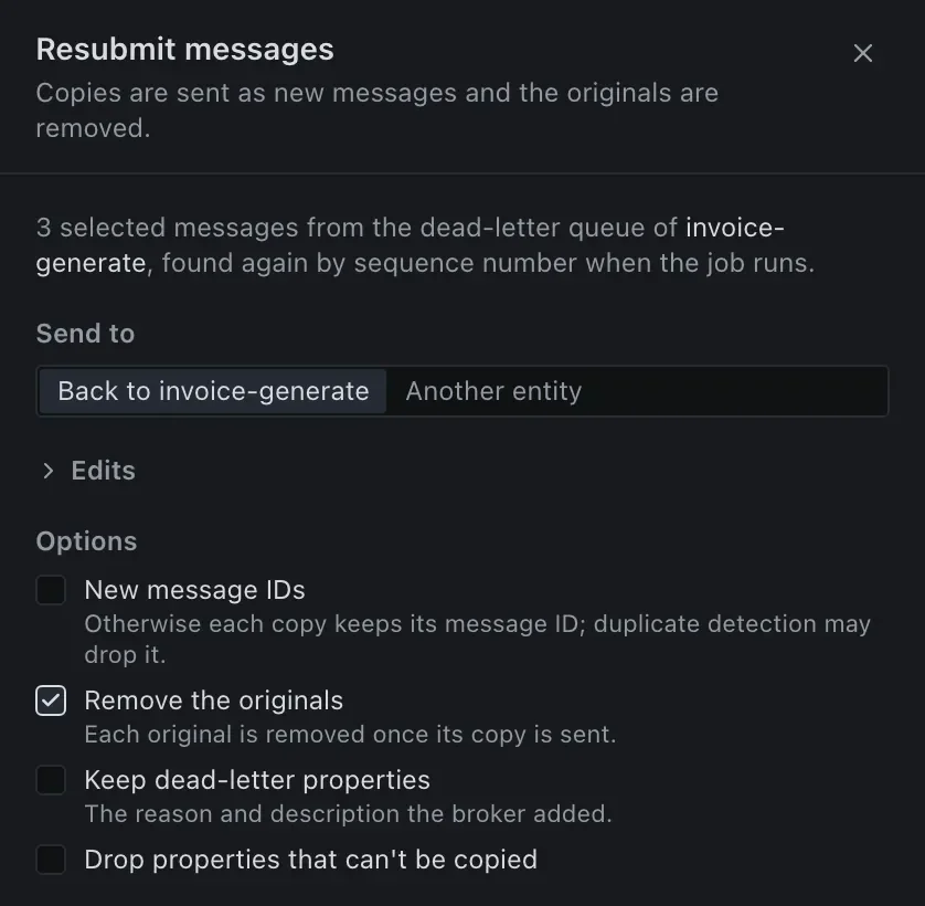 The Resubmit sheet for three selected dead-lettered messages, with Remove the originals checked