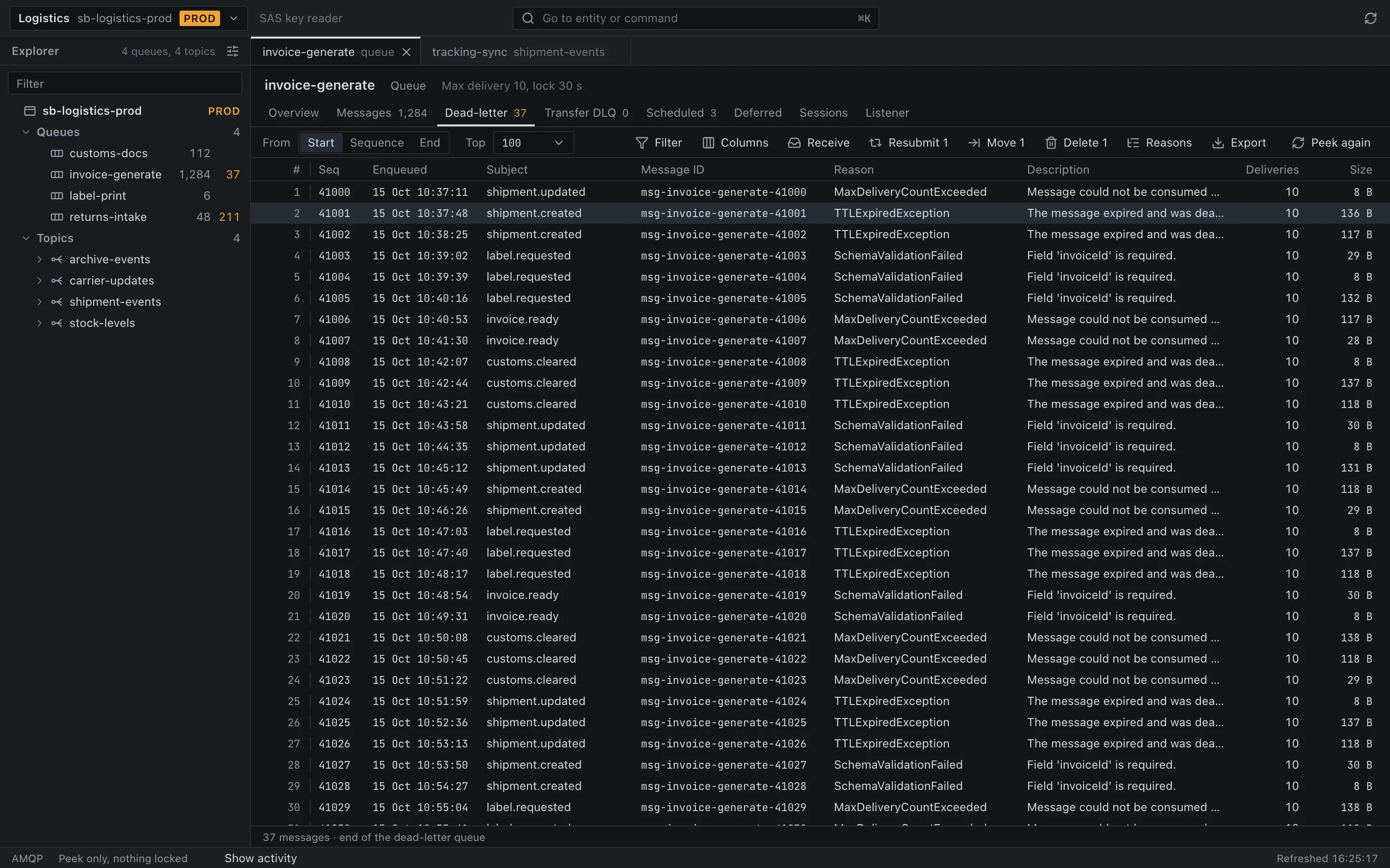 The Dispatched workbench: the namespace tree with message counts, and the dead-letter messages of the invoice-generate queue